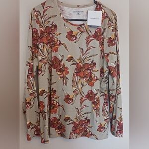 Croft & Barrow Floral Tan Long Sleeve T Shirt Top Women 0X Cotton NWT